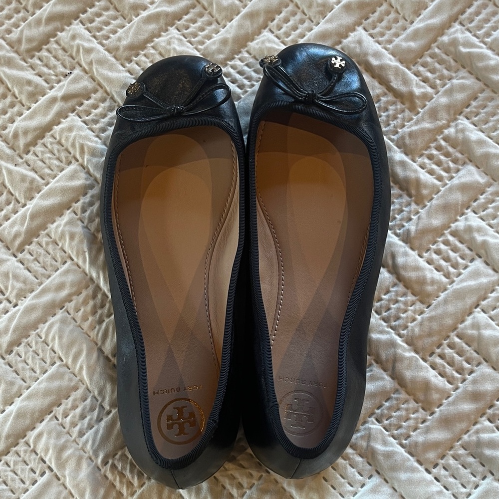 Tory Burch Black Leather Flats with Bow Detail